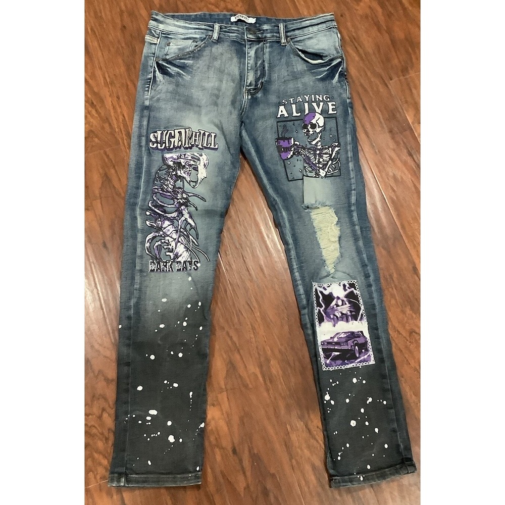 Sugar Hill Jeans Mens Size 34 Distressed Patched Skeleton Graphic Blue